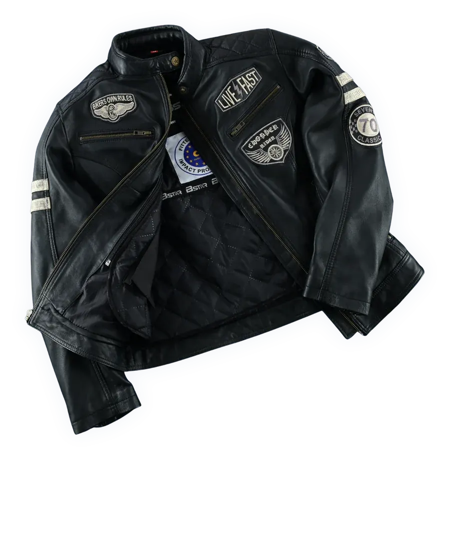 B-Star Moto leather jacket, open, showing the quilted lining